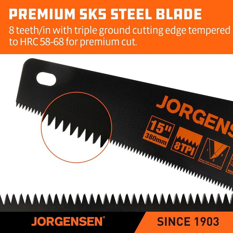 Jorgensen 15” Hand Saw, Black Coated Coarse Handsaw 8TPI for Wood Cutting, Ergonomic Non-Slip Aluminum Handle for Sawing, Trimming, Gardening, Pruning, PVC - Image 3